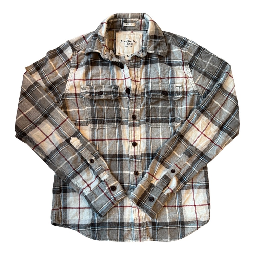 Y2K Abercrombie &‎ Fitch Muscle Fit Plaid Flannel Shirt Men's Small Gray Grunge